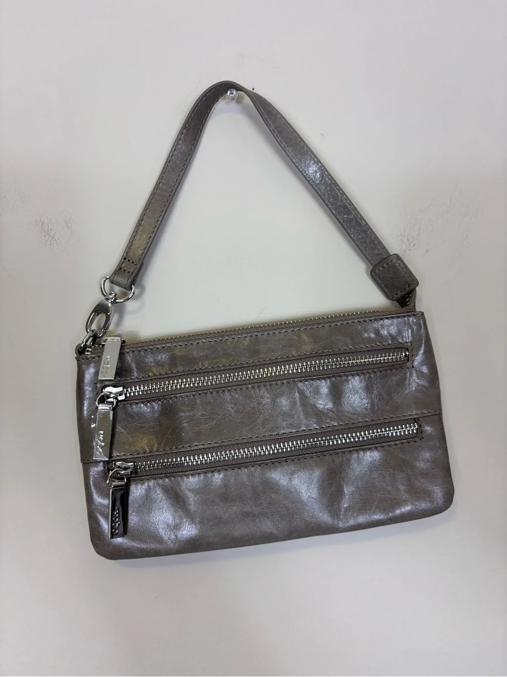 HOBO Gray Leather Crossbody & Shoulder Purse with Dual Zip Pockets on front